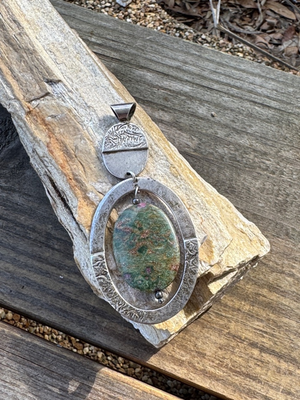 Large Vintage Sterling Silver Pendant with Ruby Fuchsite